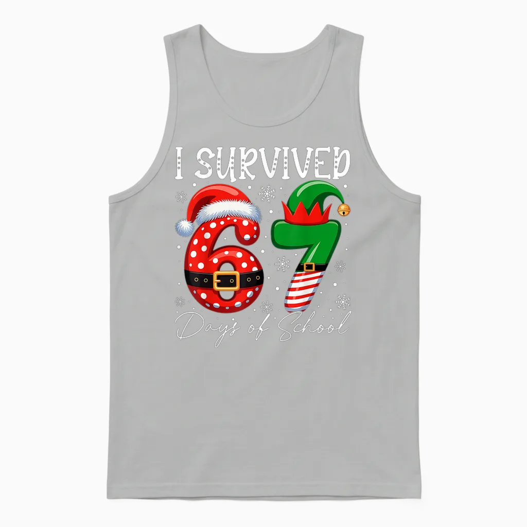 I Survived 67 Day of School Funny 67 Xmas Santa Elf Hat Meme Unisex Tank Top in Ash