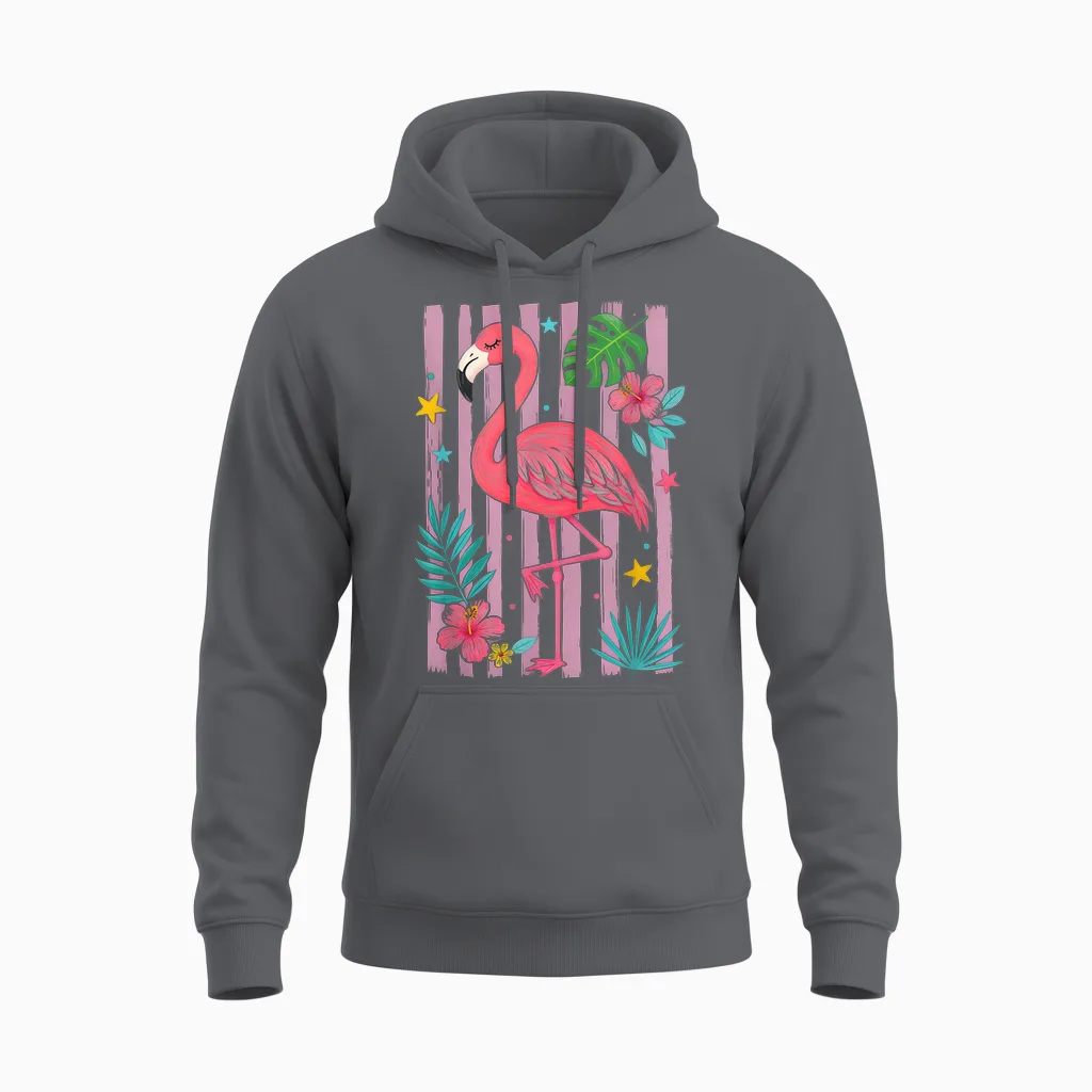 Motif Flamant Rose Tropical été Floral Rayé Plage Unisex Hoodie in Charcoal