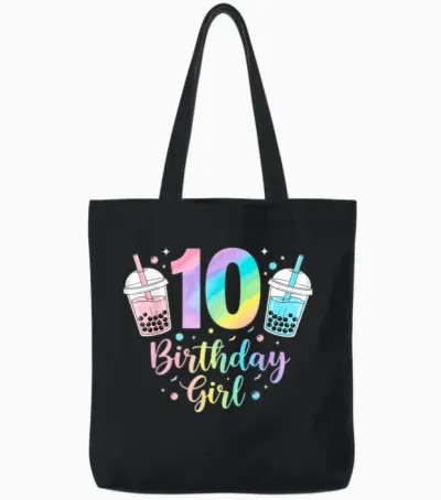 Bubble Boba Tea Sweet 10 Years Old 10th Birthday Girls Tote Bags - Black