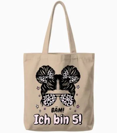 Kids 5th Birthday Girl Messy Bun Bäm! Ich Bin Fünf T-Shirt, Black, S Tote Bags - Natural