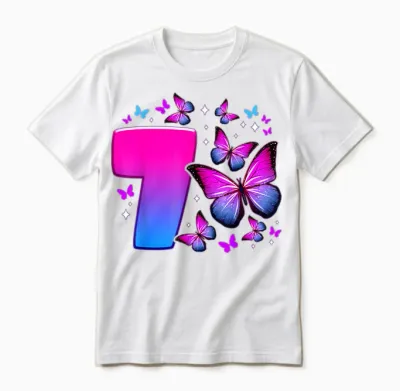 Birthday Girl 7 Years Old Butterfly Number 7 T-Shirt, Black Unisex T-Shirt - White