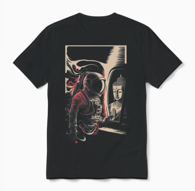 Astronaute Bouddha Spirituel Zen Sci-Fi Space Esthétique Homme Unisex T-Shirt in Black