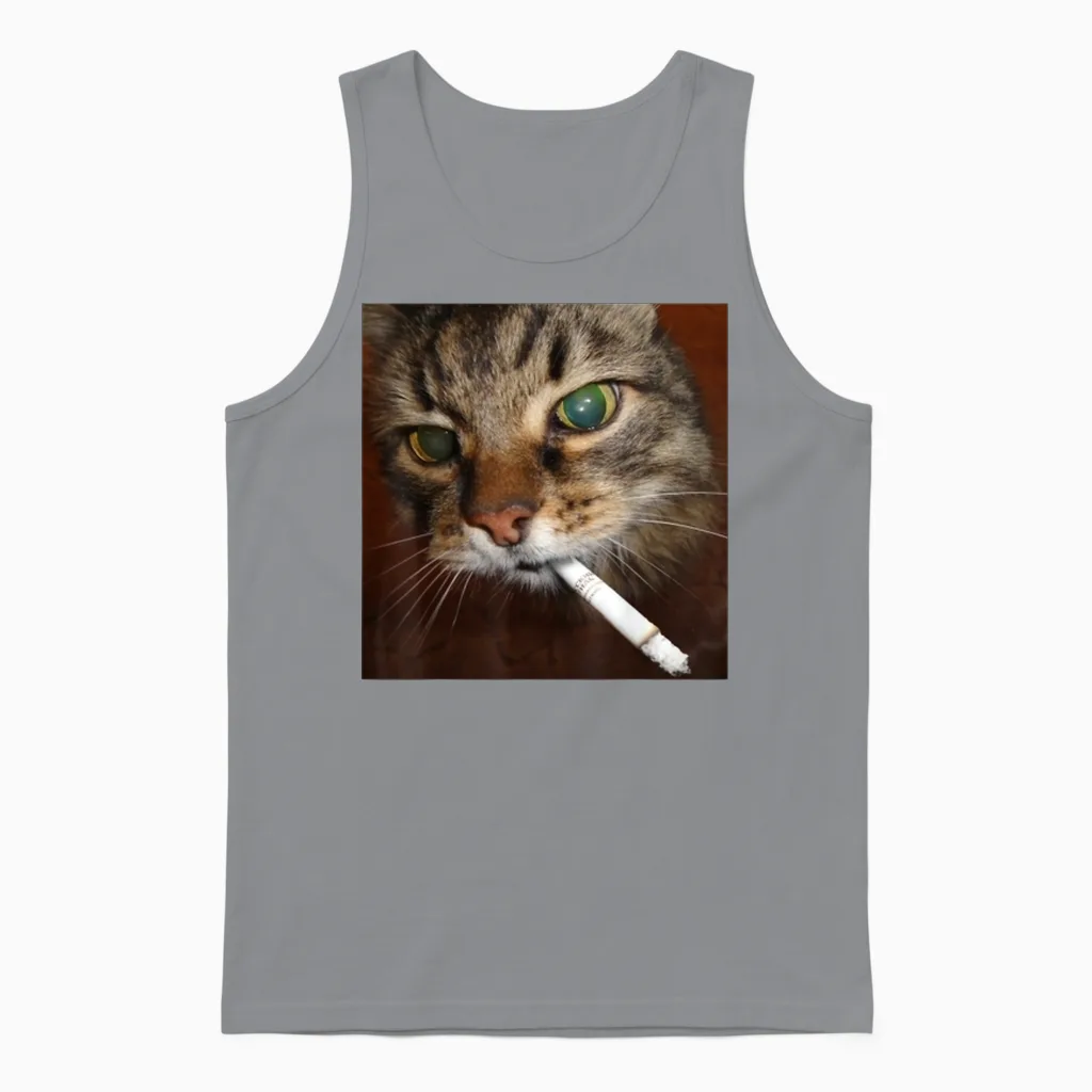 Cat Meme Cat Smoking Cigarette Unisex Tank Top in Sport Grey