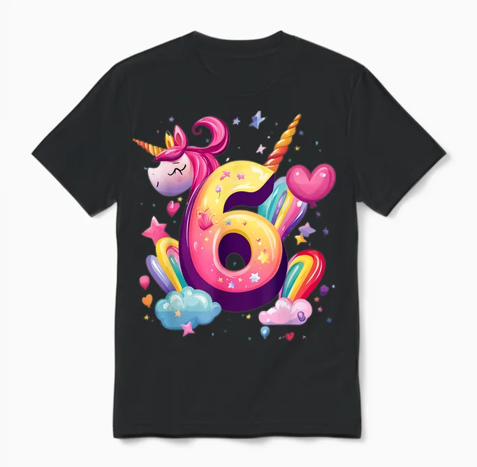 6th Birthday Girl Unicorn 6 Years Old for Kids 6th Birthday Unisex T-Shirt in Black