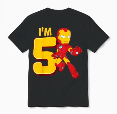 Children's Marvel Iron Man Cute Iron Man 5th Birthday I'm 5 T-Shirt, Black Unisex T-Shirt - Black