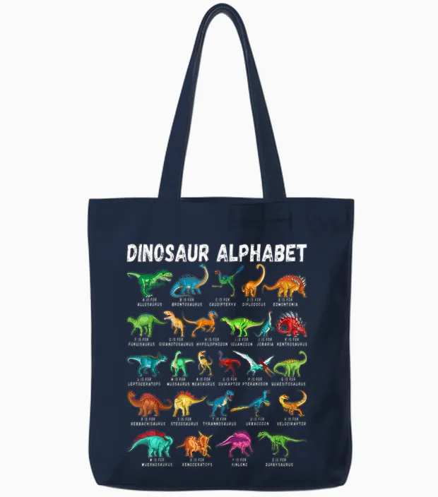 Types of Dinosaurs Alphabet A-Z Abc Dino Identification Tote Bags in Navy