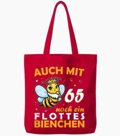 Women's 65th Birthday T-Shirt with 65 Years Still a Bee Motif, Black Tote Bags - Red