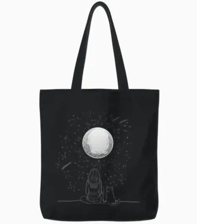 Full Moon Cat Stargazing Cool Lunar Sphere Stargaz Tote Bags - Black