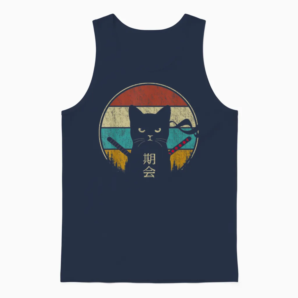 Japanese Cat Vintage Style Kawaii Retro Kitten Lover Unisex Tank Top in Navy