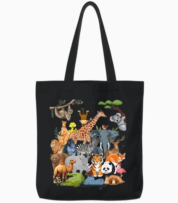 Men Women and Kids Wildlife Zoo Day Party Cute 22 Animals Tote Bags in Black