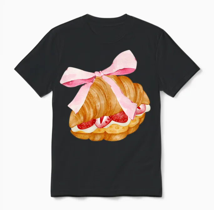 Strawberry Croissant with Pink Bow and Flirtatious T-Shirt, White, S Unisex T-Shirt in Black