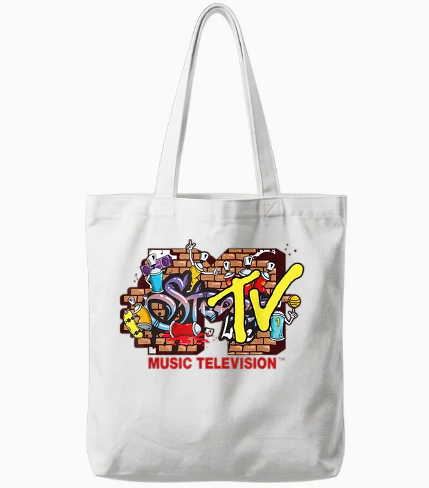 Mademark X Mtv - the Official Mtv Logo in Streetwear Style with Graffiti Wall Tote Bags in White