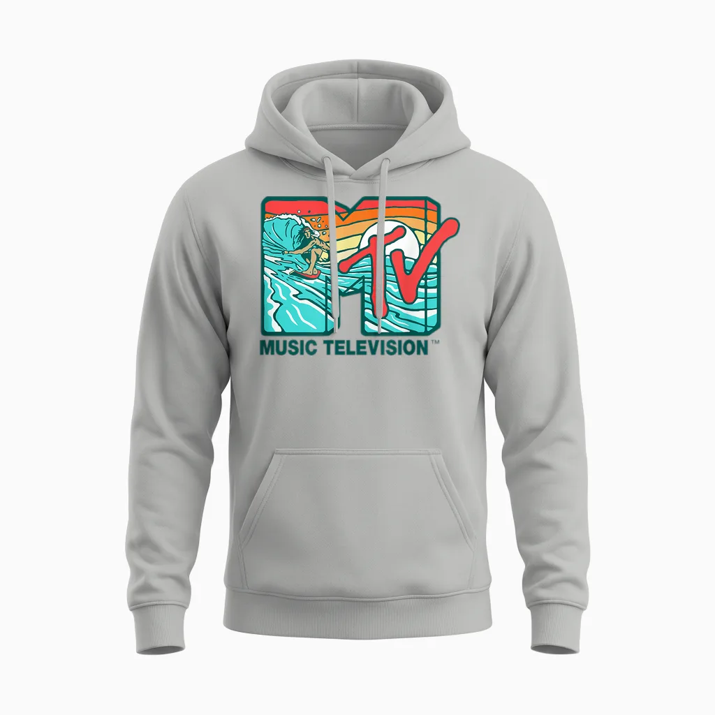 Mademark X Mtv - Mtv Catch a Wave Mtv Surfer Logo Retro Graphic Unisex Hoodie in Ash