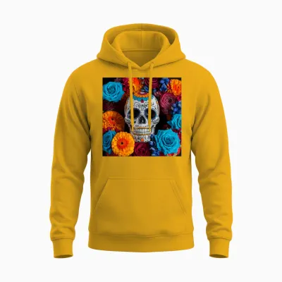 Mexican Skull Dia De Muertos Day of the Dead Floral T-Shirt, Black, S Unisex Hoodie - Gold