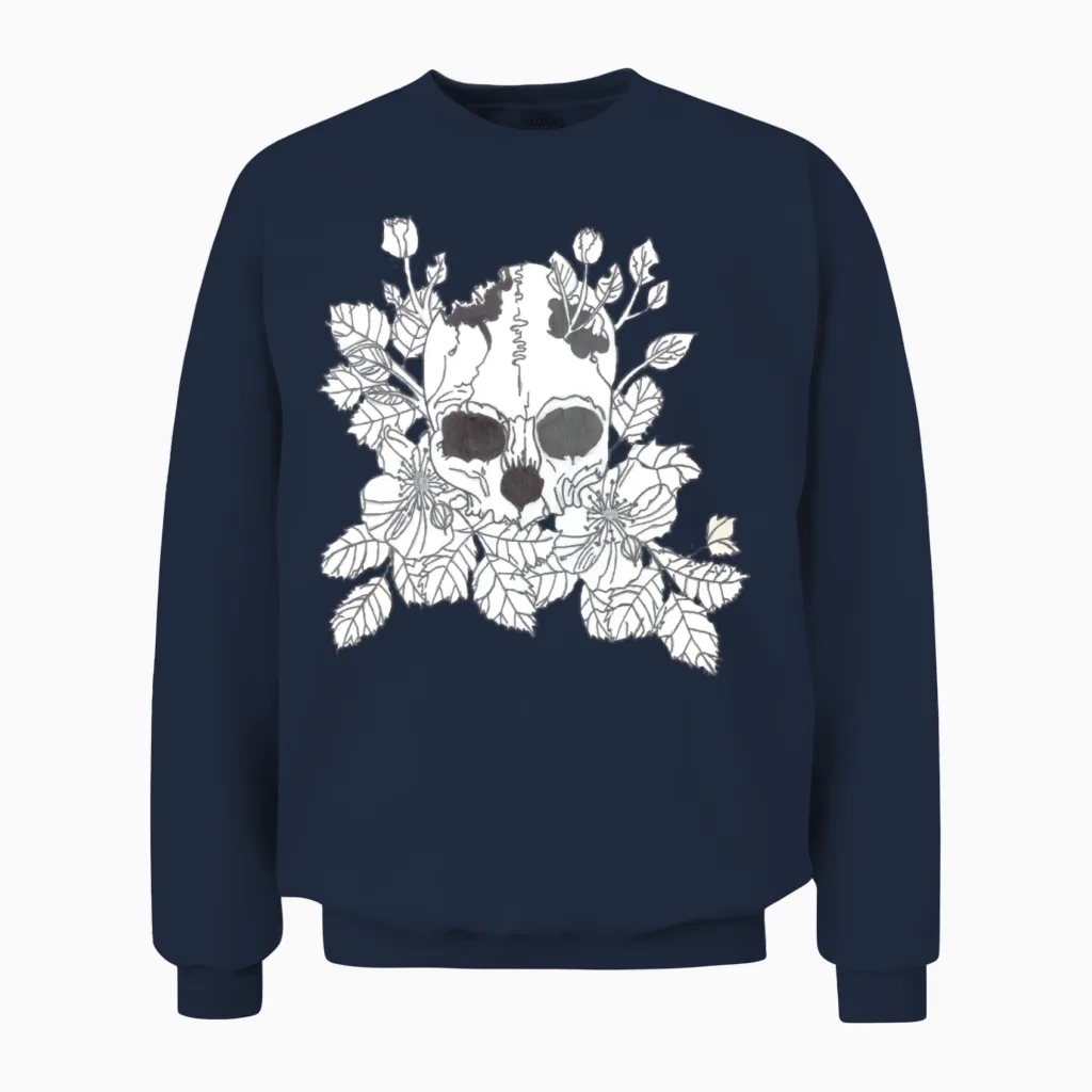 Black and White Flower Skull Unisex Sweatshirt in Navy