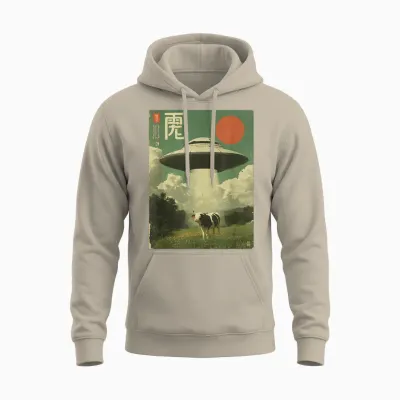 Funny Japanese Ufo Alien Kidnapping Cow Kids Adult Unisex Hoodie - Sand