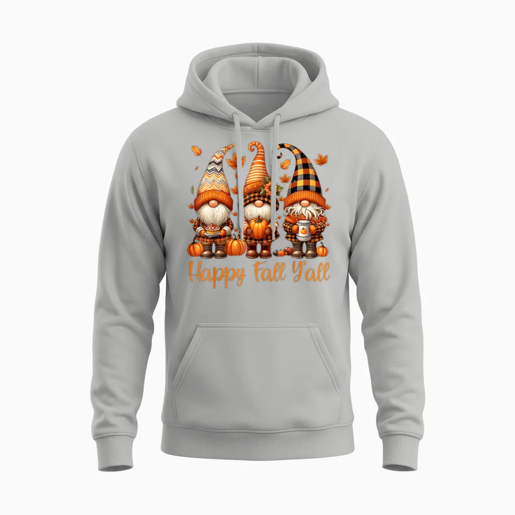 Happy Fall Y'all Gnome Pumpkin Autumn Thanksgiving Men Women Unisex Hoodie in Ash
