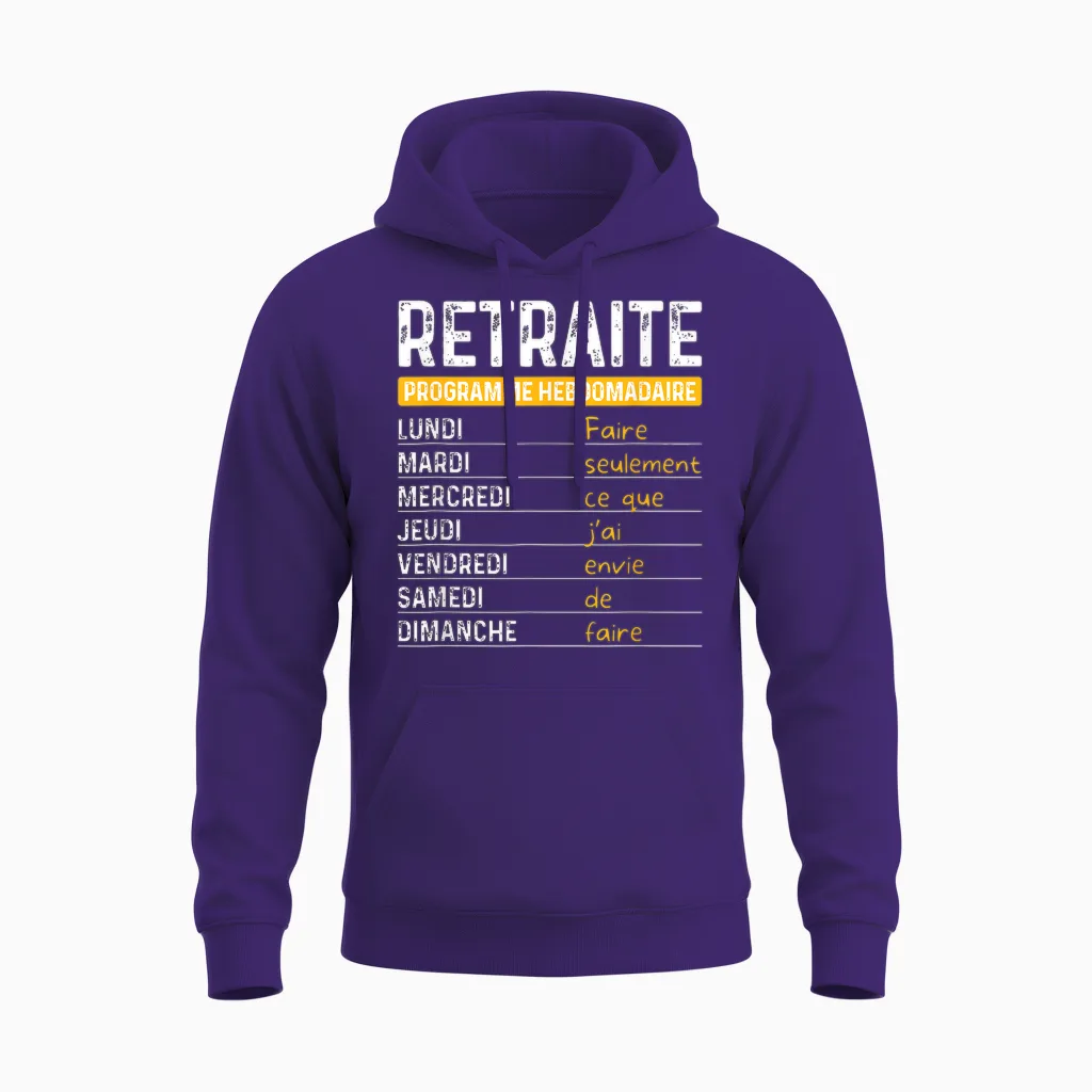 Retirement Man Humor Retired Weekly Program T-Shirt, Black, S Unisex Hoodie in Purple