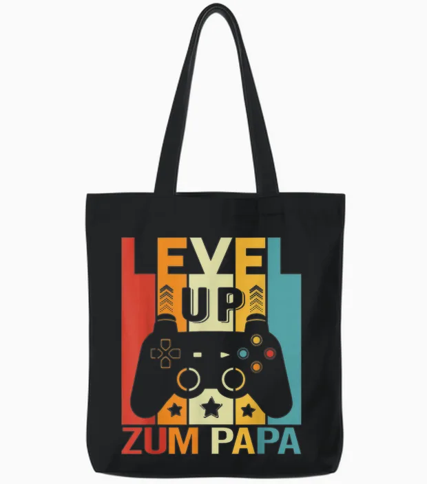 Level Up to Dad Father Pregnancy Announcement Gamer Tote Bags in Black