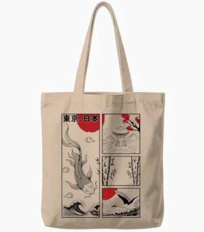 Japanese Koi Fish the Great Wave off Kanagawa Kanji (back) T-Shirt, Gray Tote Bags - Natural
