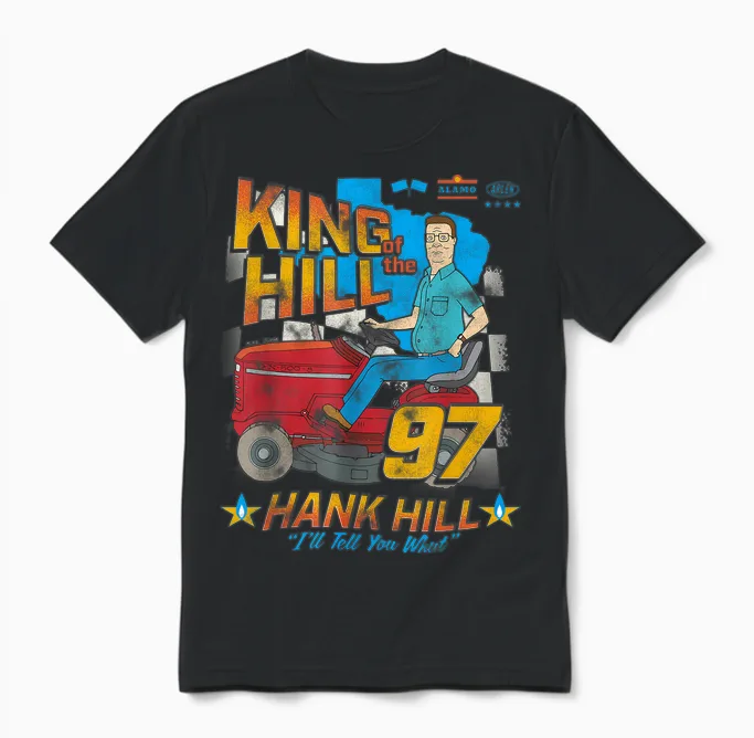 King of the Hill Hank Hill Mower Racing '97 Cartoon Unisex T-Shirt in Black