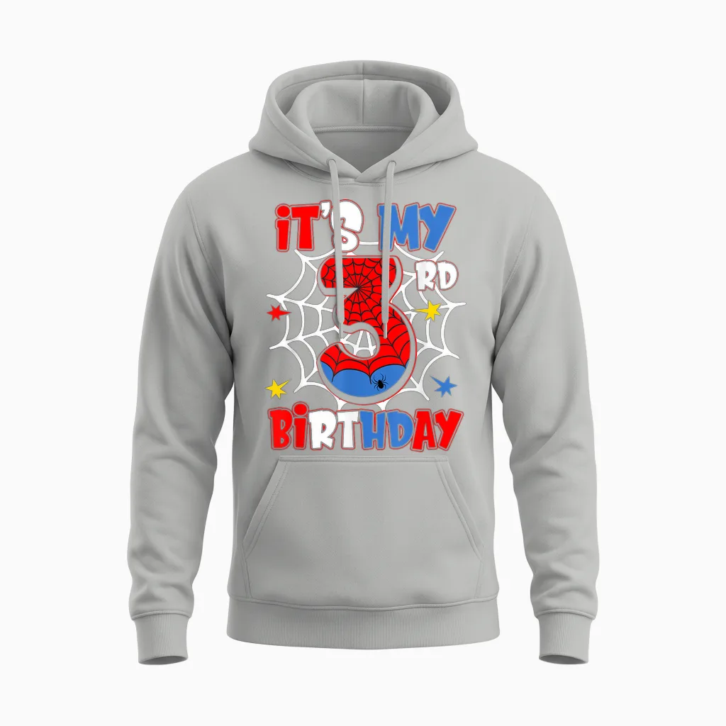 It's My 3rd Birthday Spider Theme Party 3 Year Old Boys Unisex Hoodie in Ash
