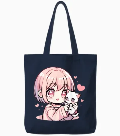 Anime Girl with Cat | Manga for Girls & Kawaii Cute Kitten T-Shirt, Black Tote Bags - Navy