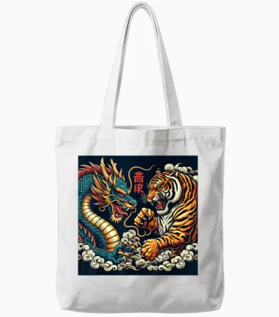 Japanese Dragon Vintage Fight Tiger Giant Asian Folklore T-Shirt, Black, S Tote Bags - White