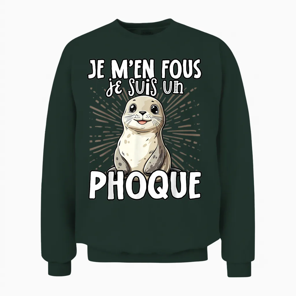 Je M'en Fous Je Suis Un Seal Cute T-Shirt, Black, S Unisex Sweatshirt in Forest
