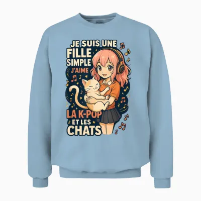 Girl K-Pop and Cats Manga Humor Music Cute T-Shirt, Black, S Unisex Sweatshirt - Light Blue