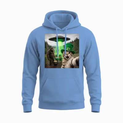 Funny St Patricks Day Cat Selfie with Leprechaun Bigfoot Ufo Unisex Hoodie - Carolina Blue