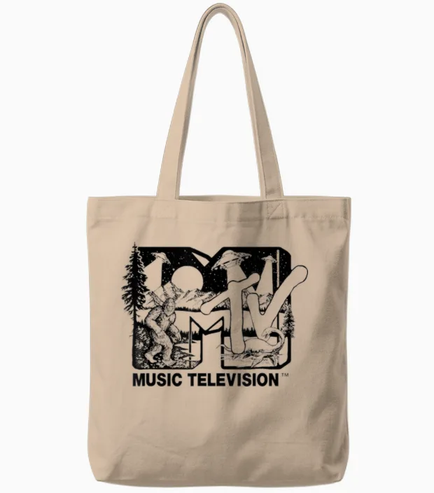 Mademark X Mtv - Cryptid-Filled Mtv Logo Feat. Bigfoot, Ufo, & Nessie Outline Tote Bags in Natural