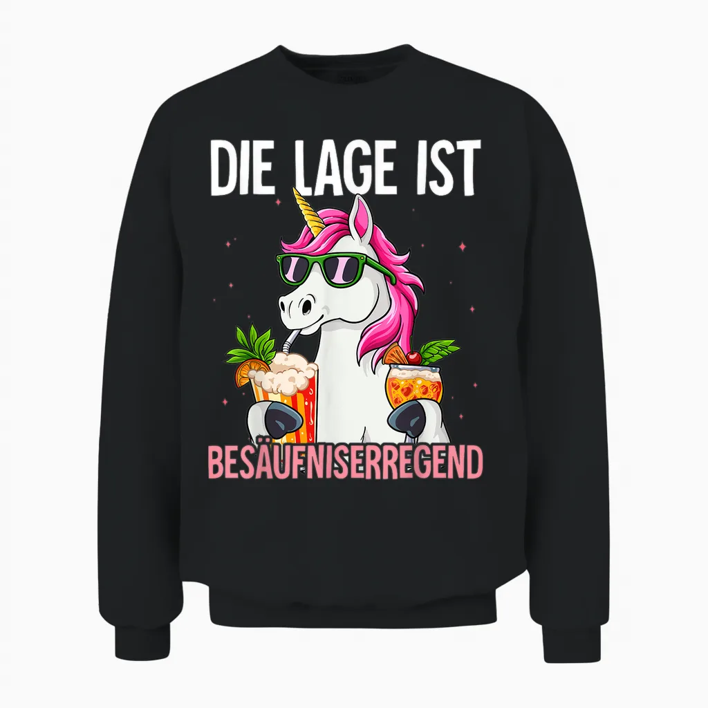 T-Shirt with German Text "die Lage Ist Besäufniserregend, Black Unisex Sweatshirt in Black