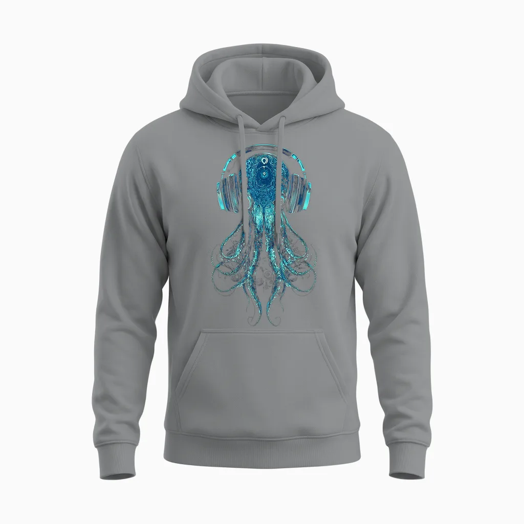 Octopus Animal Lovers Motif Music Headphones Illustration Squid Unisex Hoodie in Sport Grey