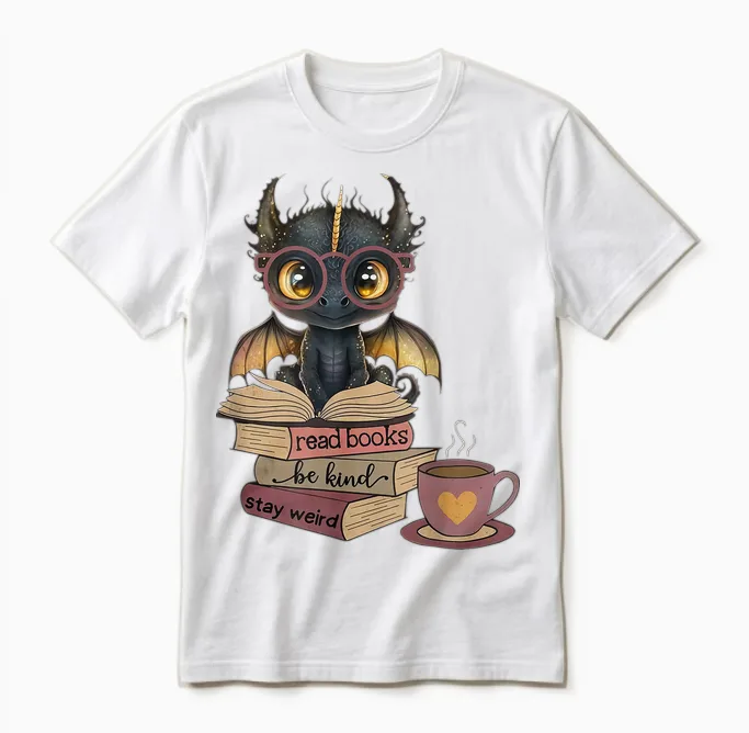 Funny Dragon Read Books Be Kind Stay Weird Book Lover Unisex T-Shirt in White