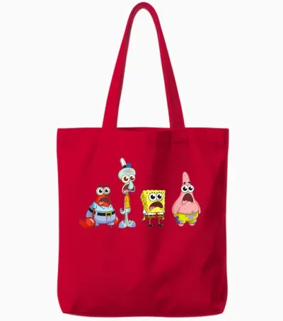 Sponge Bob Squarepants Cast Group Star T-Shirt, Black, S Tote Bags - Red
