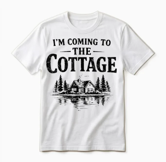 Romance Hockey Couple Men Women I'm Coming to the Cottage Unisex T-Shirt in White