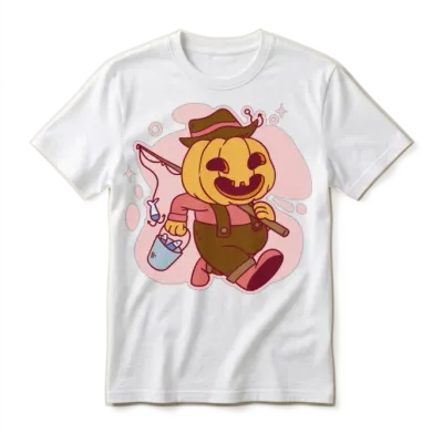 Funny Pumpkin Fisherman Cartoon Design Unisex T-Shirt - White