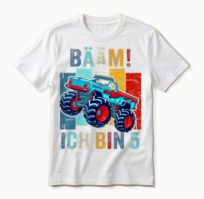 Children's T-Shirt 5 Years Boy Birthday Five Monster Truck Bäm I Am 5, Black Unisex T-Shirt in White