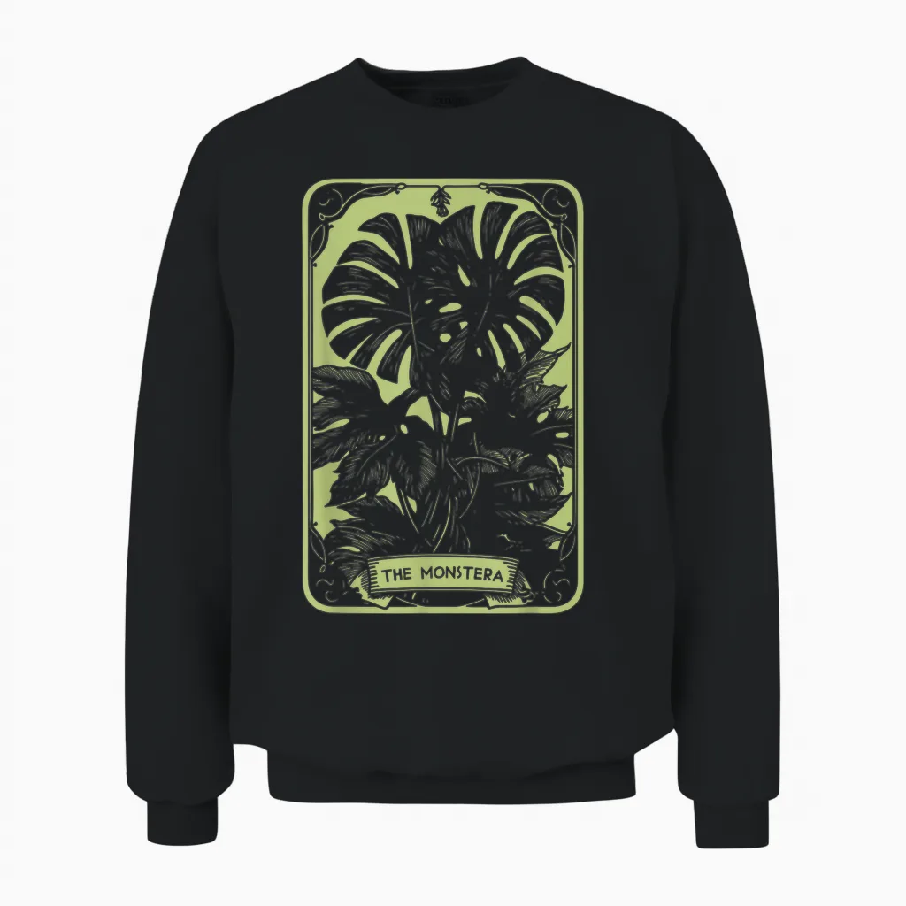 The Monstera Deliciosa Tarot Card | Green Witch Plant Lover Unisex Sweatshirt in Black