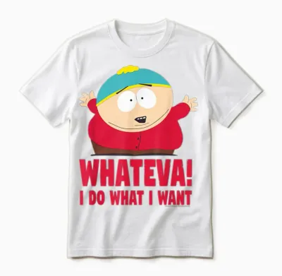 South Park Cartman Classic Fit T-Shirt - Black Crew Neck, Short Sleeve, Casual Unisex T-Shirt - White