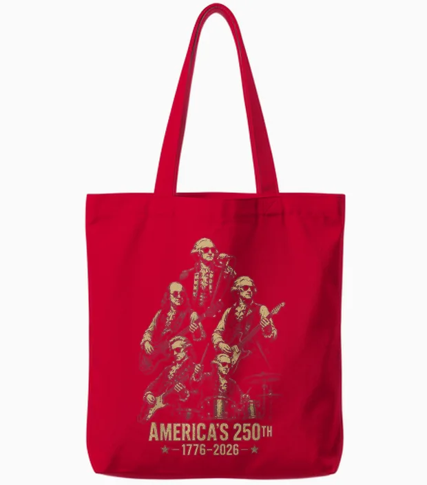 Founding Fathers Playing Guitar 4th July 250th Anniversary Tote Bags in Red