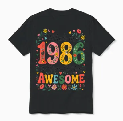40 Year Old Made in 1986 Retro Floral 40th Birthday Women Unisex T-Shirt - Black