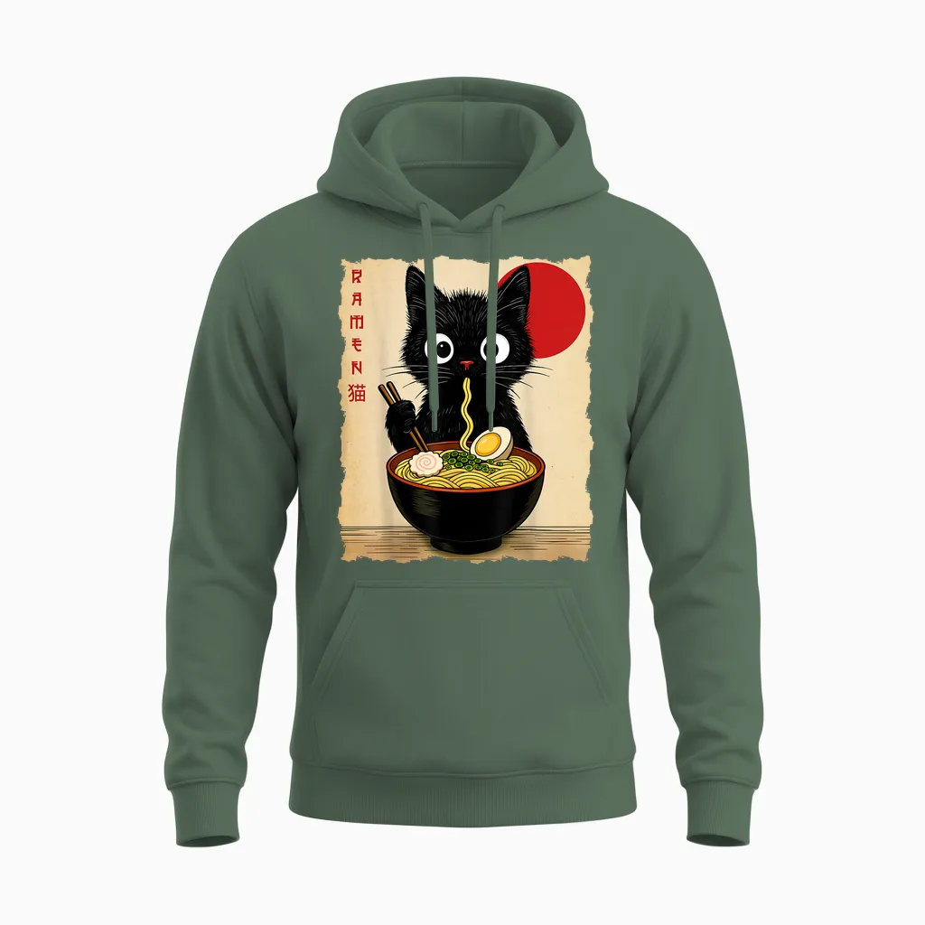 Anime Cat Ramen Japanese Funny Cat Graphic Tees Anime Gifts Unisex Hoodie in Military Green