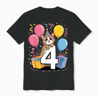 Katze 4. Geburtstag Für Junge Mädchen 4 Jahre Alt Vierte Vier Katze Unisex T-Shirt - Black