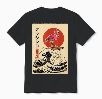 Flamant Rose Surf Vague Japonaise Unisex T-Shirt - Black