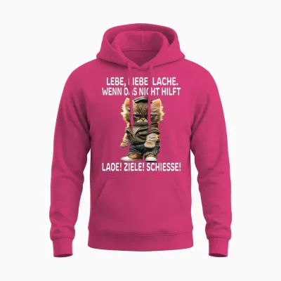 T-Shirt with German Text "lebe Liebe Lache Wenn Nicht Hilft Lade Ziele Schiesse Katzen", Black Unisex Hoodie - Heliconia