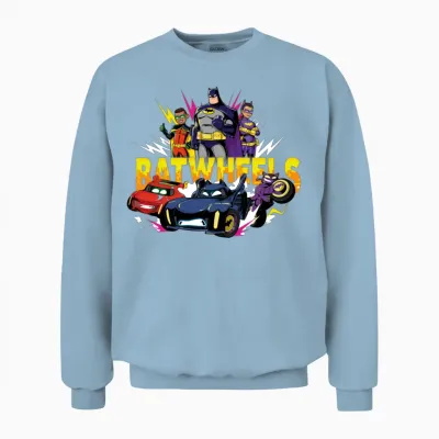 Batwheels Logo with Super Heroes and Their Cars Unisex Sweatshirt - Light Blue