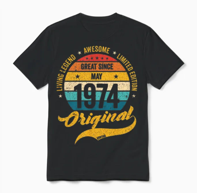 Retro 50 Years May 1974 Birthday Vintage Bday Unisex T-Shirt in Black