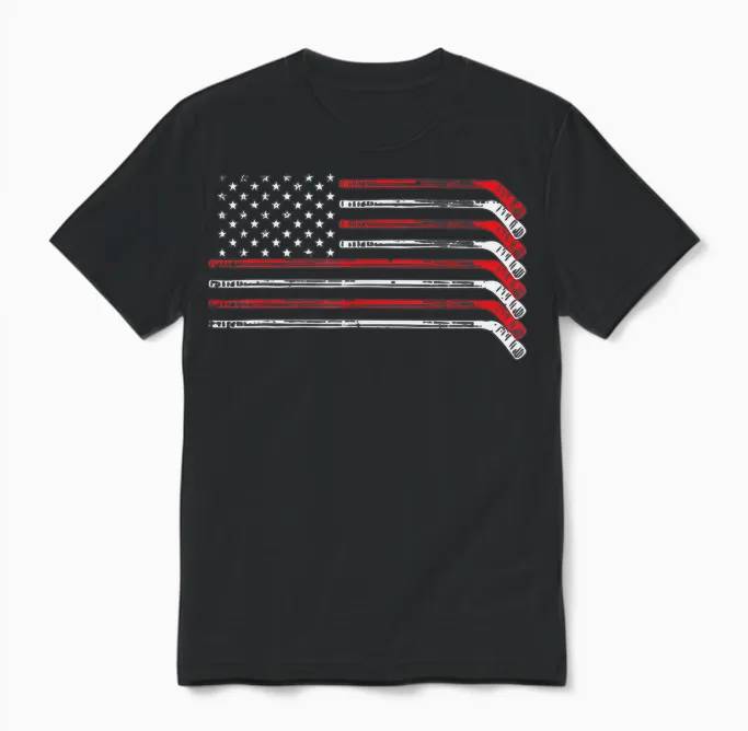 Ice Hockey Sticks Us Flag Patriotic Player Men Boys Unisex T-Shirt in Black
